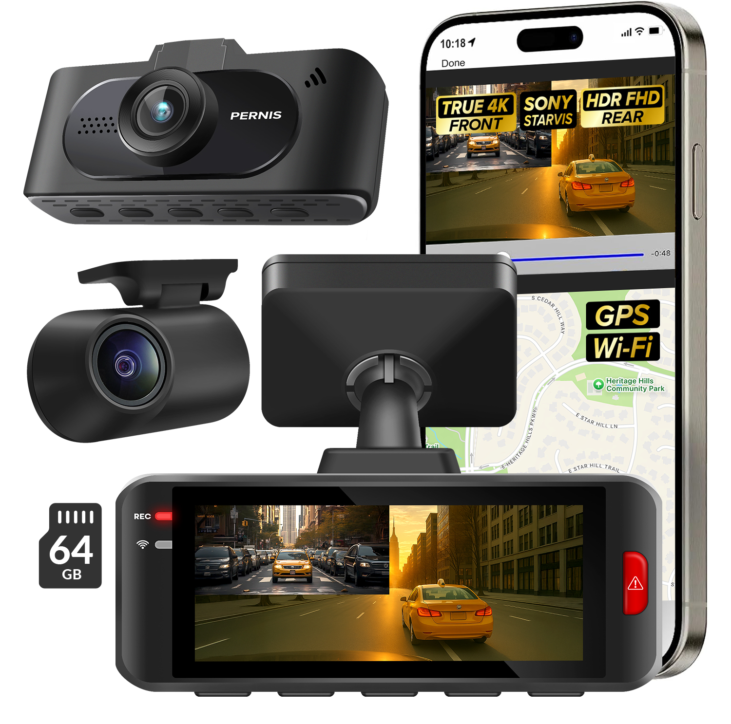 SAFEYEGO Aash Cam (Dual Lens Car Dash Cam – Front True 4K and Rear FHD HDR Wide Angle with Sony STARVIS Sensors, 5.8GHz WiFi, GPS, 3.16” Screen, 64GB Card, Parking Mode, Dual USB Adapter)