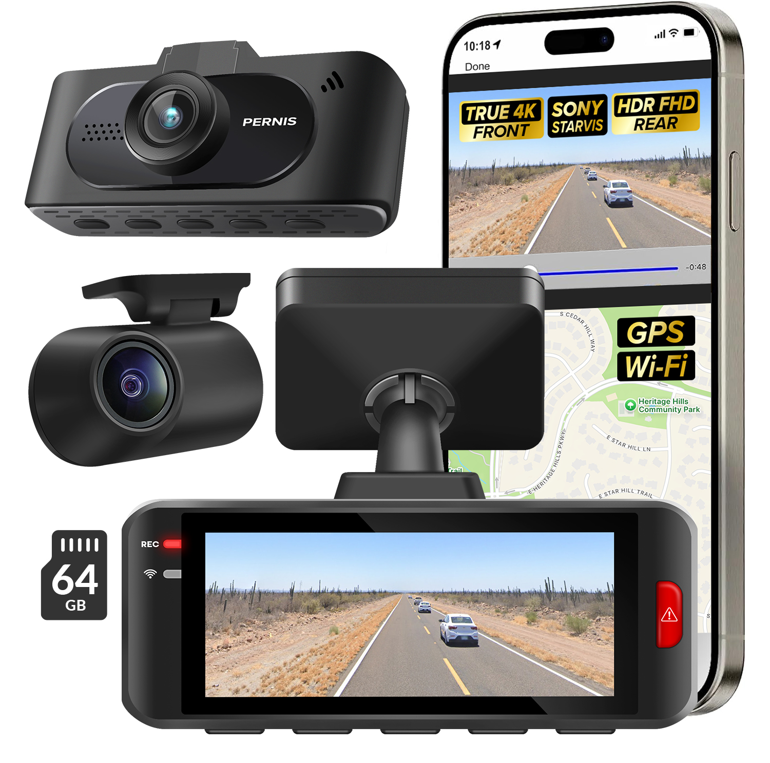 SAFEYEGO Aash Cam (Dual Lens Car Dash Cam – Front True 4K and Rear FHD HDR Wide Angle with Sony STARVIS Sensors, 5.8GHz WiFi, GPS, 3.16” Screen, 64GB Card, Parking Mode, Dual USB Adapter)