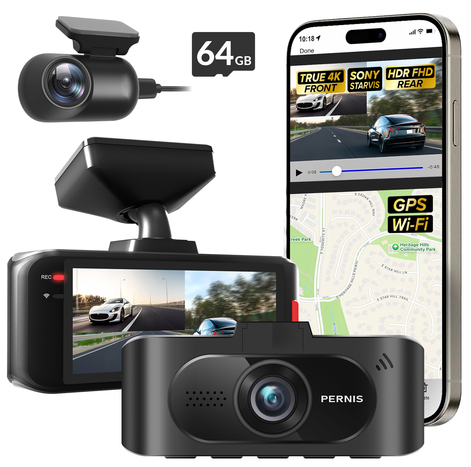 SAFEYEGO Aash Cam (Dual Lens Car Dash Cam – Front True 4K and Rear FHD HDR Wide Angle with Sony STARVIS Sensors, 5.8GHz WiFi, GPS, 3.16” Screen, 64GB Card, Parking Mode, Dual USB Adapter)