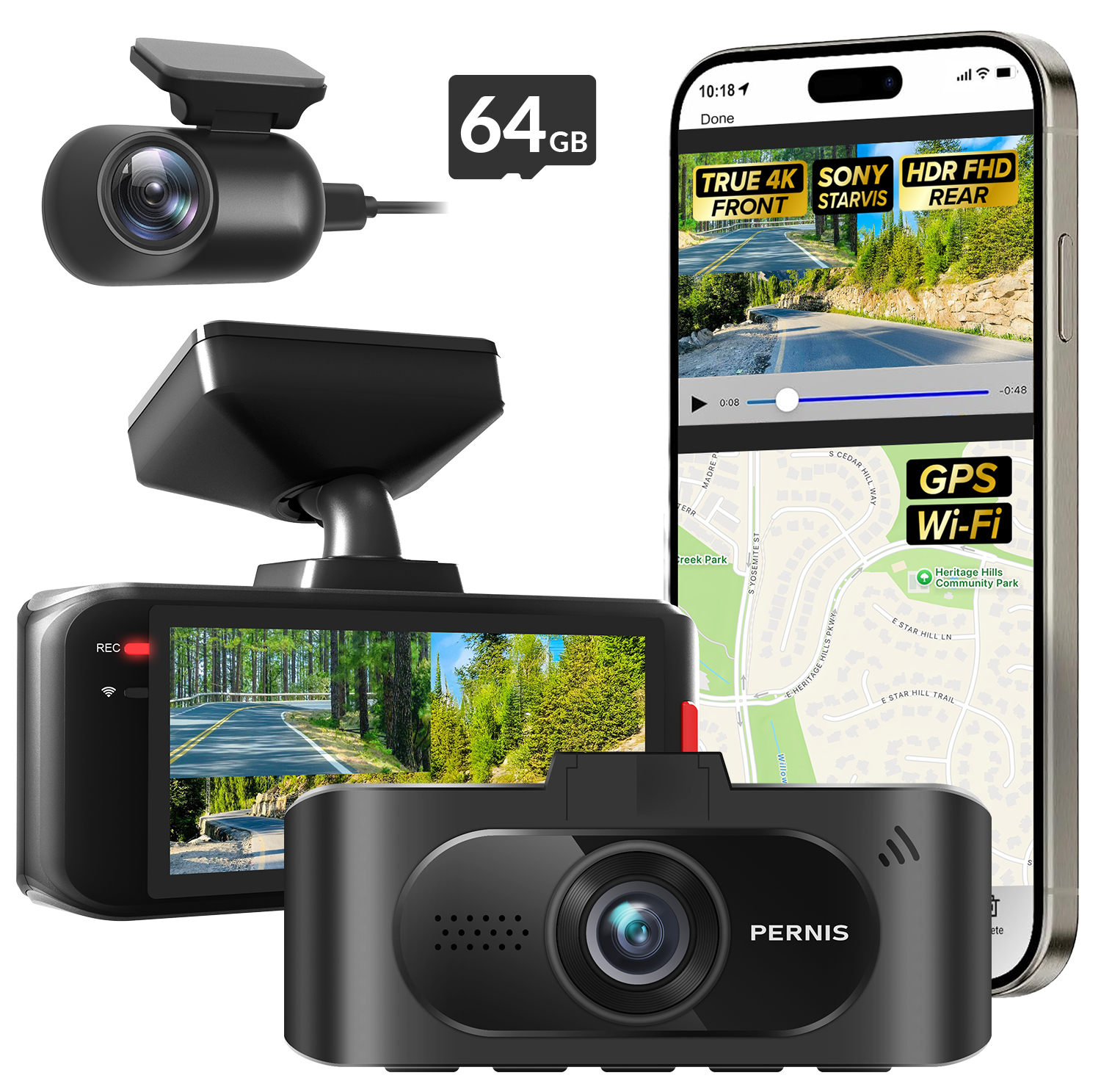 SAFEYEGO Aash Cam （Dual Lens Car Dash Cam – Front True 4K and Rear FHD HDR Wide Angle with Sony STARVIS Sensors, 5.8GHz WiFi, GPS, 3.16” Screen, 64GB Card, Parking Mode, Dual USB Adapter）