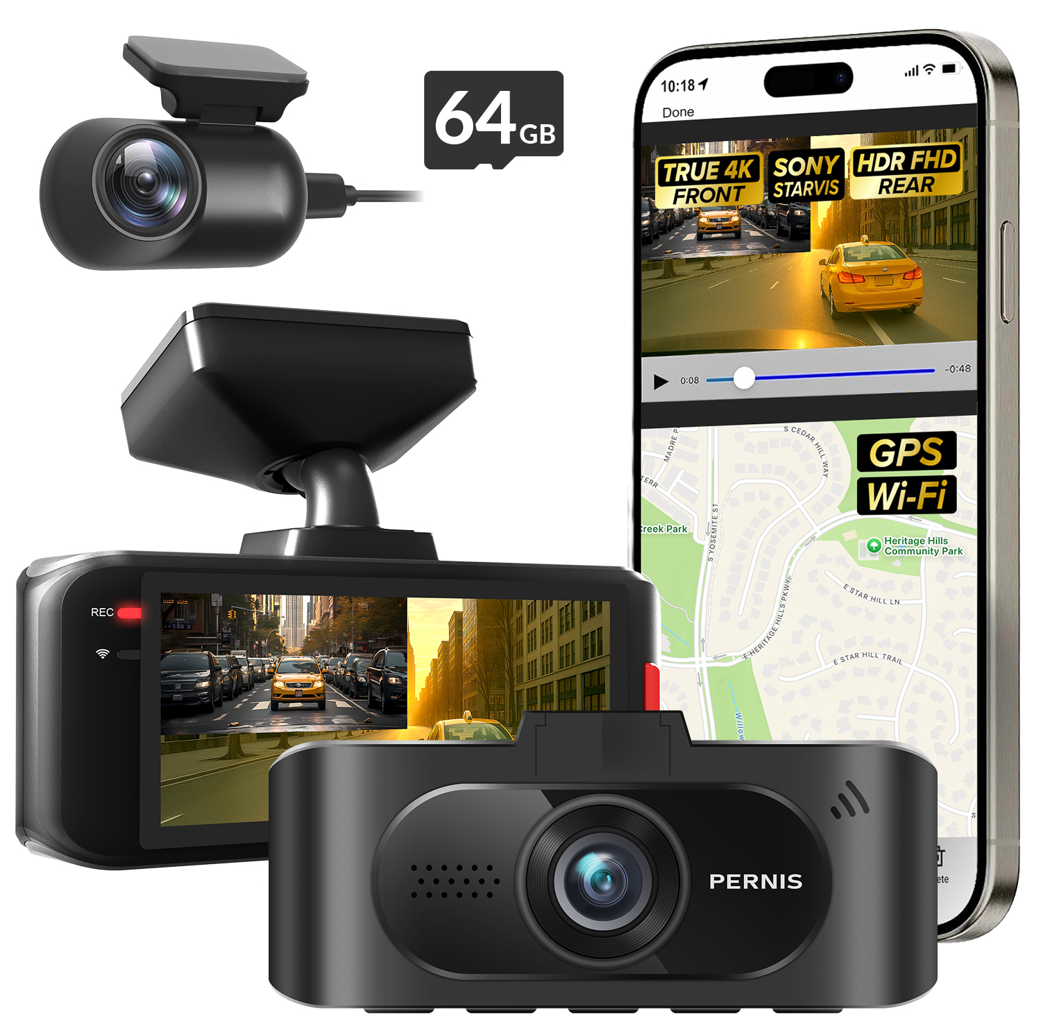 SAFEYEGO Aash Cam （Dual Lens Car Dash Cam – Front True 4K and Rear FHD HDR Wide Angle with Sony STARVIS Sensors, 5.8GHz WiFi, GPS, 3.16” Screen, 64GB Card, Parking Mode, Dual USB Adapter）